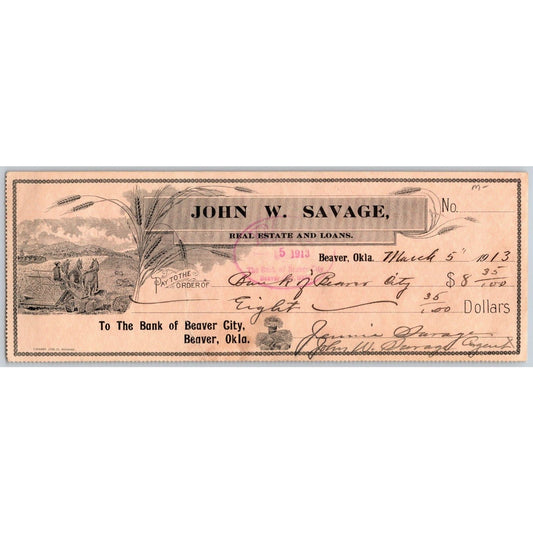 Beaver City, OK 1913 John W. Savage Real Estate Bank Check Farming Scarce