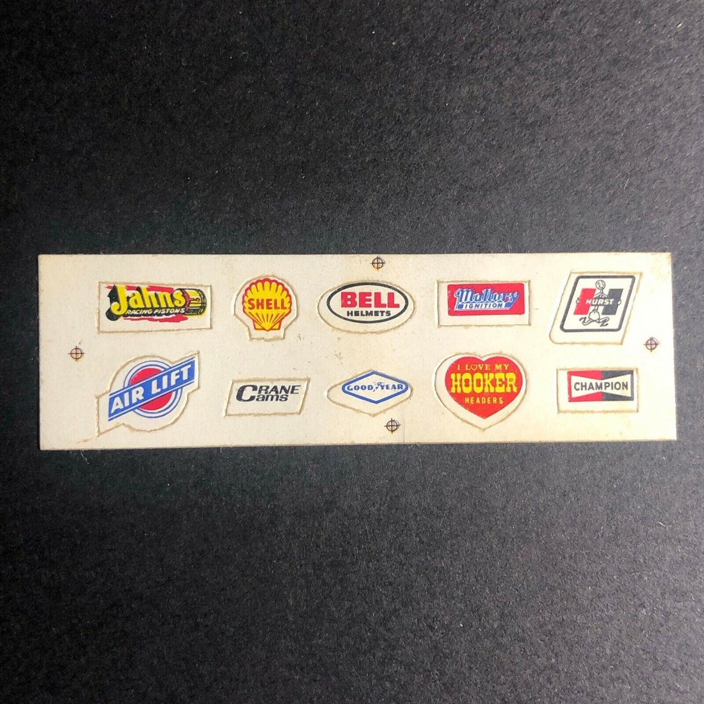 Vintage c1960's 10 Racing Tiny Sticker Sheet of 10 Co's Hooker Bell Hurst Shell