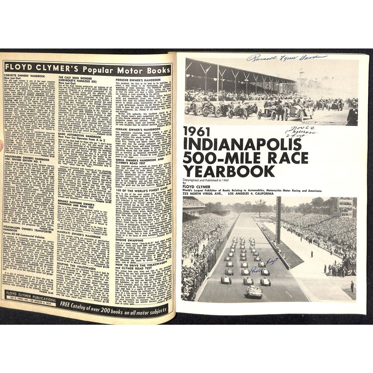 1961 Indy 500 Floyd Clymer's Indianapolis Yearbook IMS 160pp - VGC