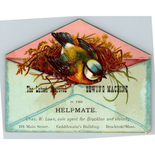 Die Cut Victorian Trade Card Helpmate Sewing Machine Chas W. Lowe Brockton, MA