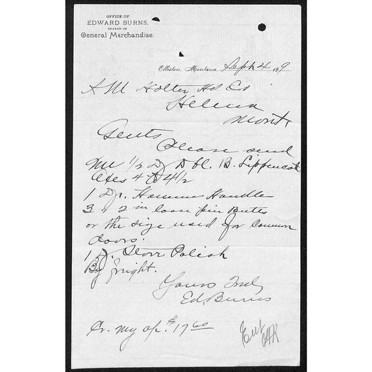 Elliston, MT Edward Burns General Merchandise Sept. c1890's Billhead VGC