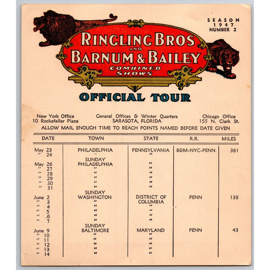 1947 Ringling Bros Barnum Bailey Circus Route Card Philadelphia Washington