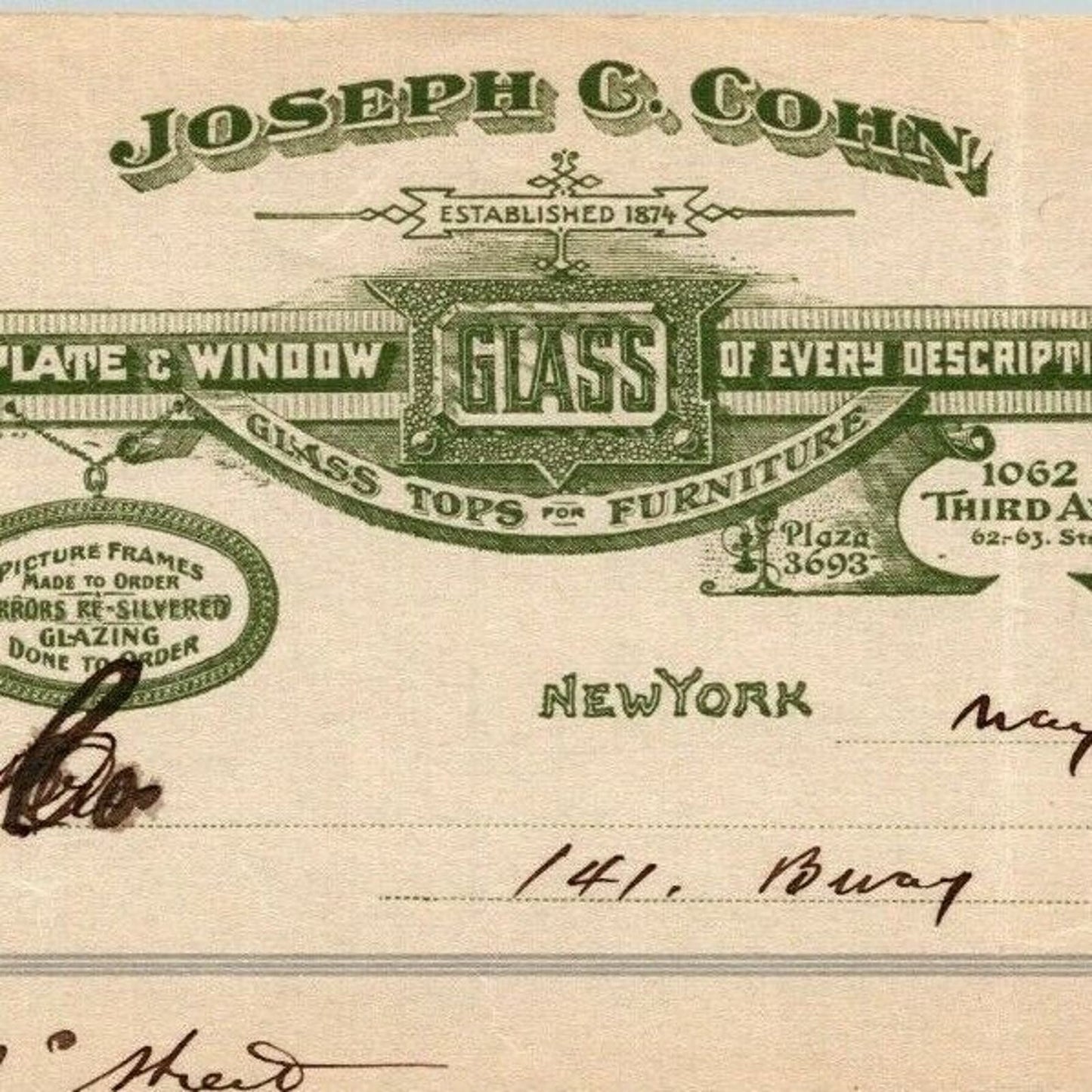 1916 "Joseph & Cohn" Plate Window Frame Glass Billhead Letterhead Third Ave NYC