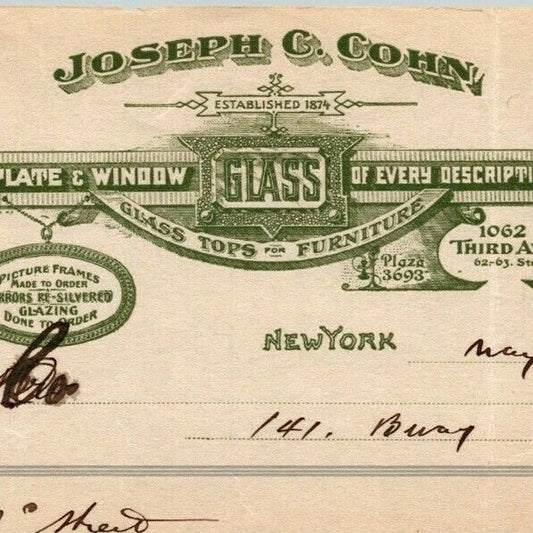 1916 "Joseph & Cohn" Plate Window Frame Glass Billhead Letterhead Third Ave NYC