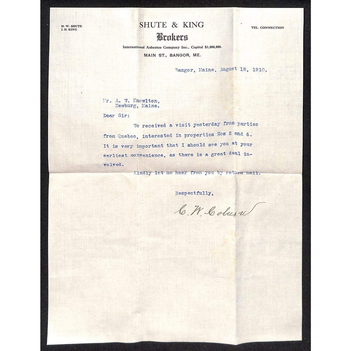 Newburgh, ME Amos W. Knowlton* 1910 Bangor Shute & King Int'l Asbestos Co. LH