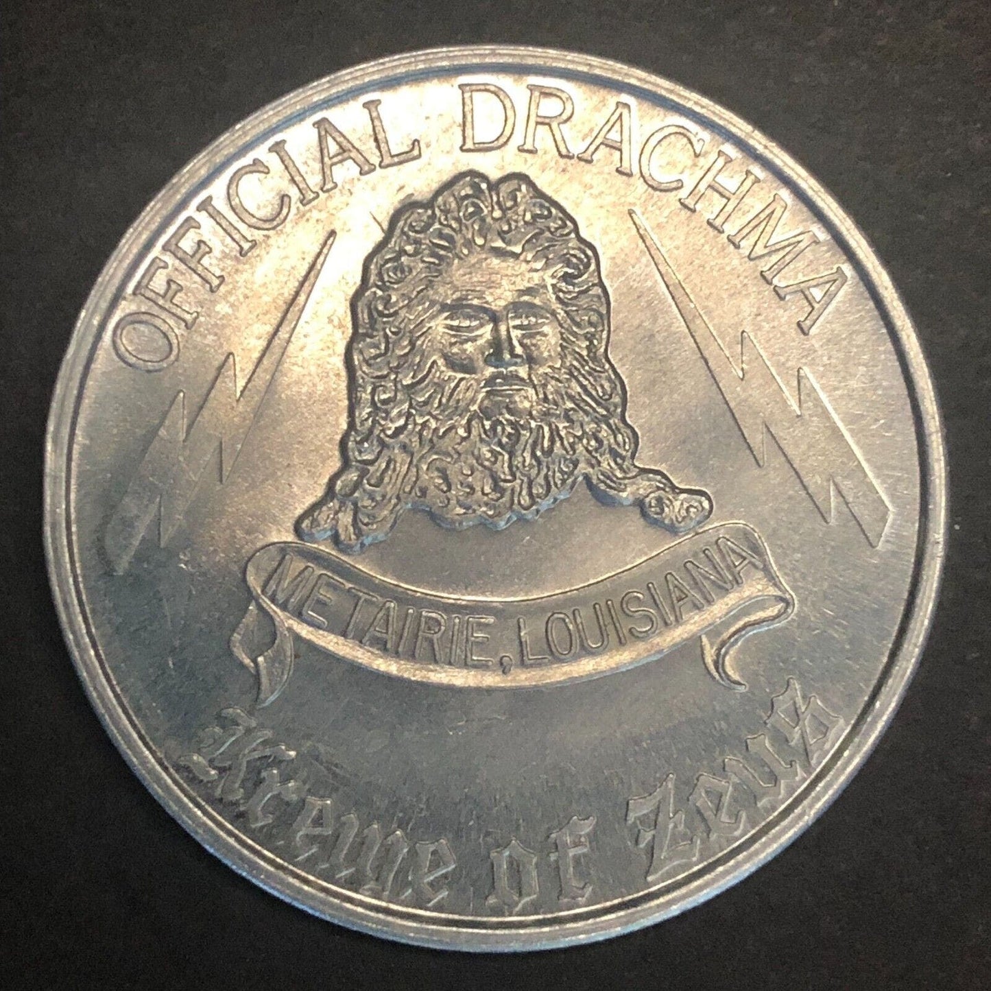 Mardi Gras 1967 "Anniversary of the Gods" Zeus Alum. Official Drachma 39mm