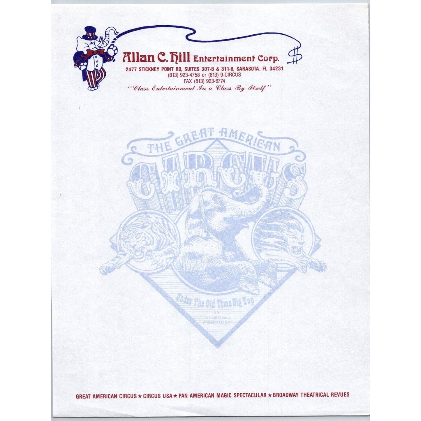 Alan C. Hill Entertainment Corp. Circus Letterhead c1986-93 Sarasota Scarce