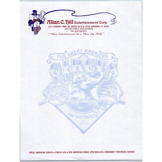 Alan C. Hill Entertainment Corp. Circus Letterhead c1986-93 Sarasota Scarce