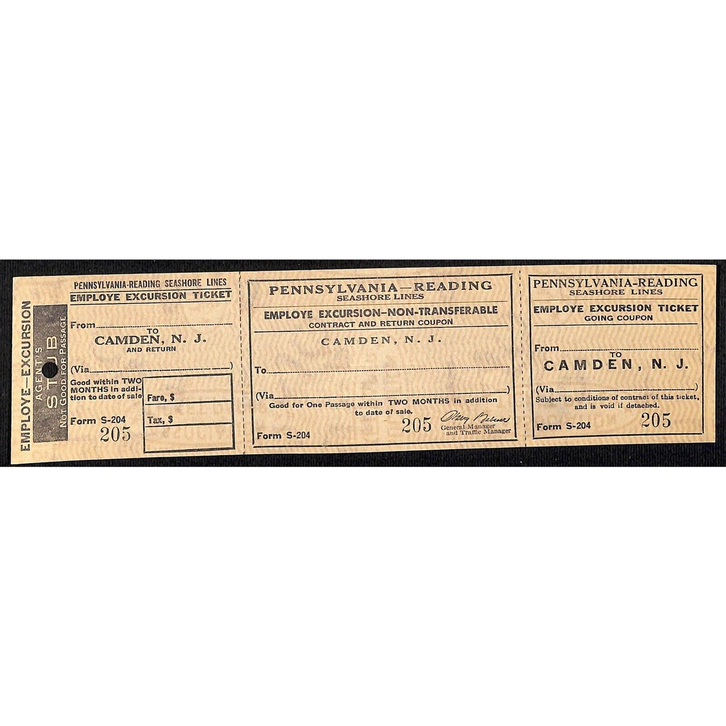 Pennsylvania - Reading RR Seashore Line SAMPLE Employee Excursion Ticket #205