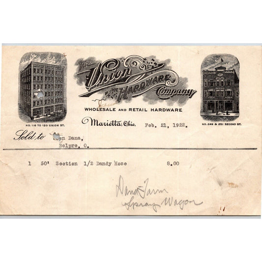 Marietta, OH Union Hardware Company 1922 Billhead "Dandy Hose"