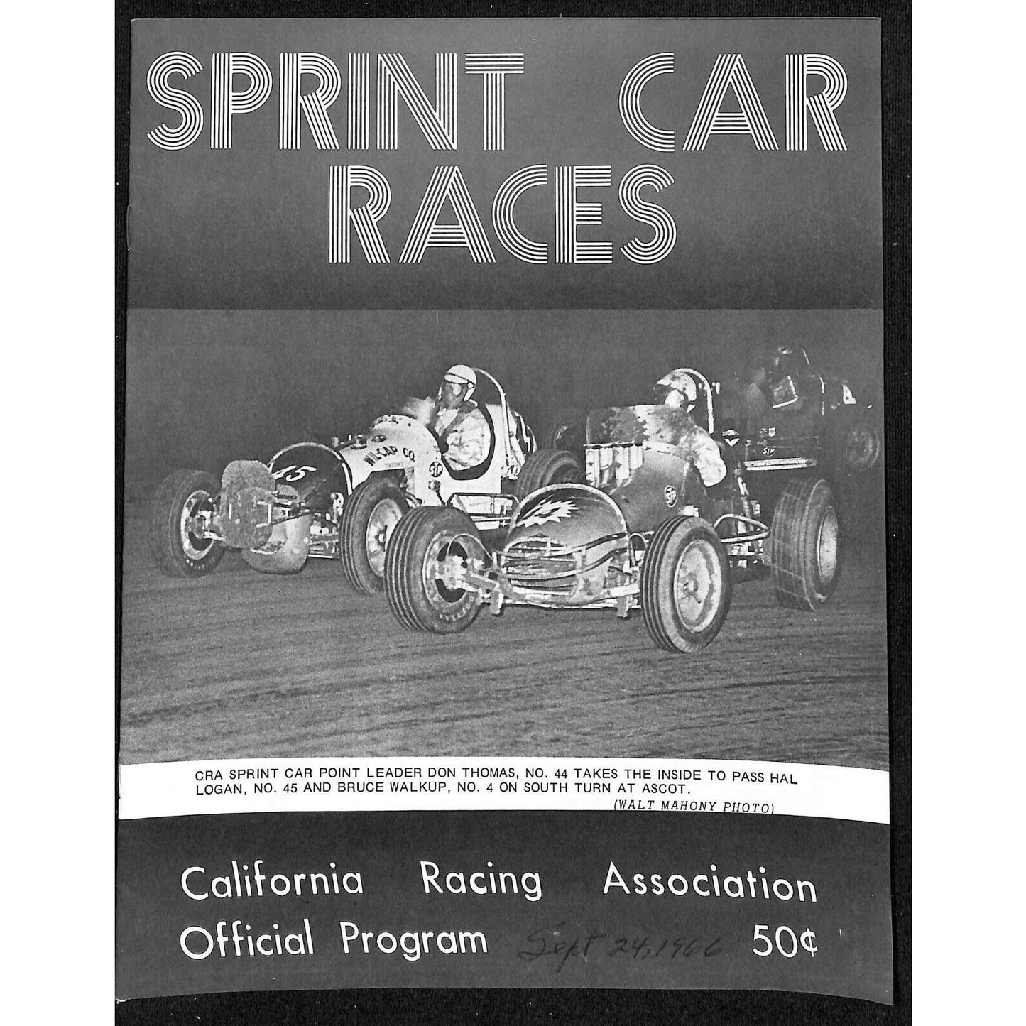 Scarce 9/24 1966 Sprint Car Auto Racing CRA Program Ascot Park Gardena 16pp.