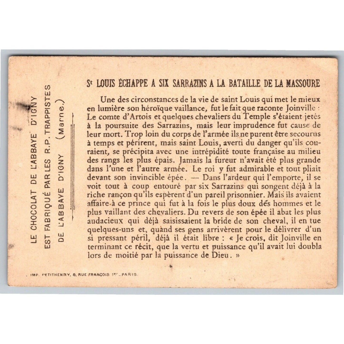 French Victorian Trade Card Chocolate St Louis Echappe A LA Six Sarrazins....