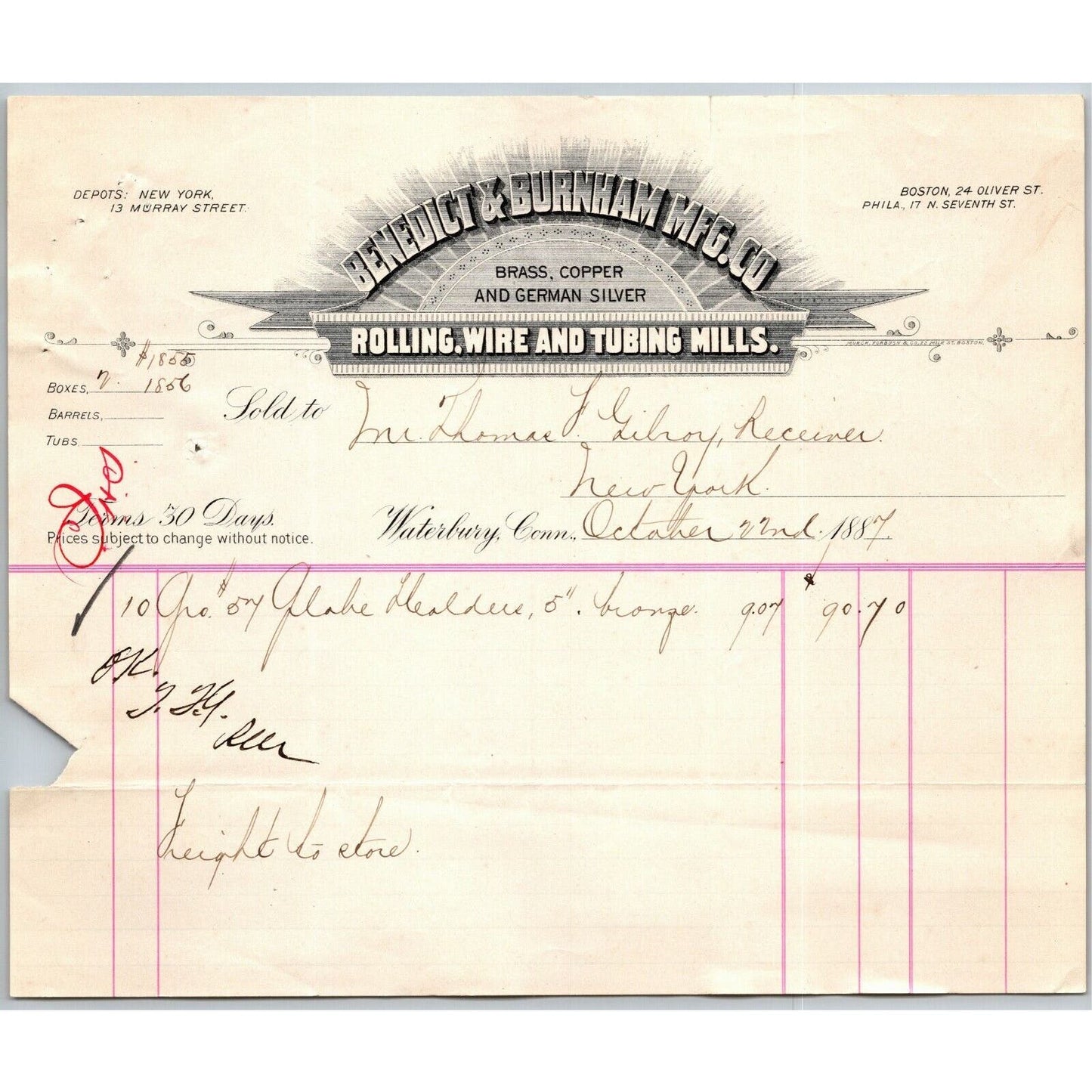 1887 "Benedict & Burnham Mfg. Co" Silver Billhead Letterhead Waterbury CONN