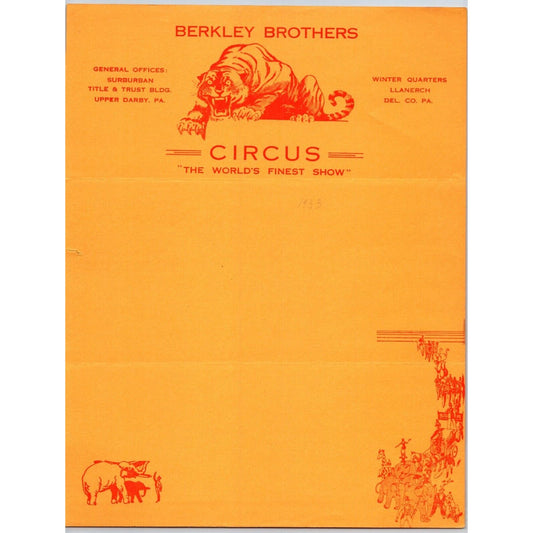 Berkley Brothers Circus Letterhead c1933 Tiger Upper Darby, PA Scarce
