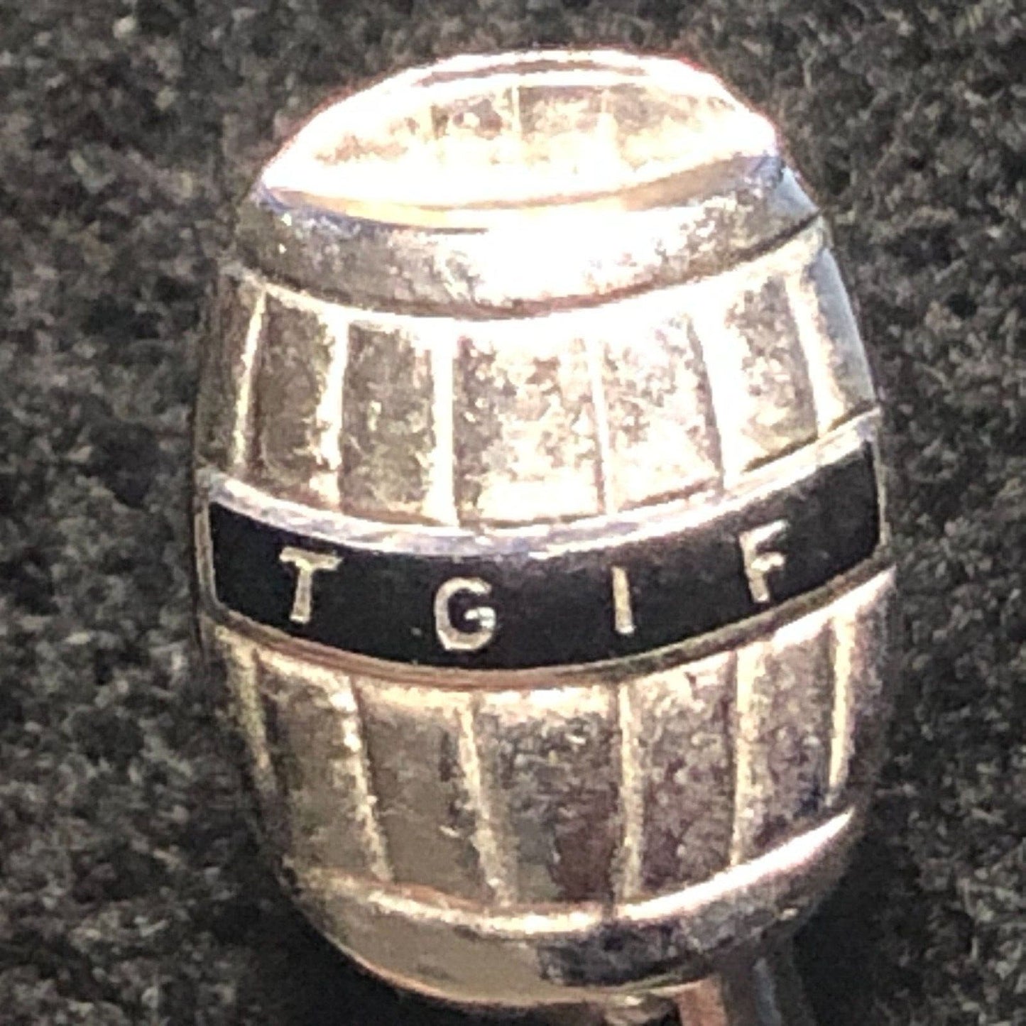 Vintage Barrel Shaped TGIF Enameled Lapel Pinback - Sterling