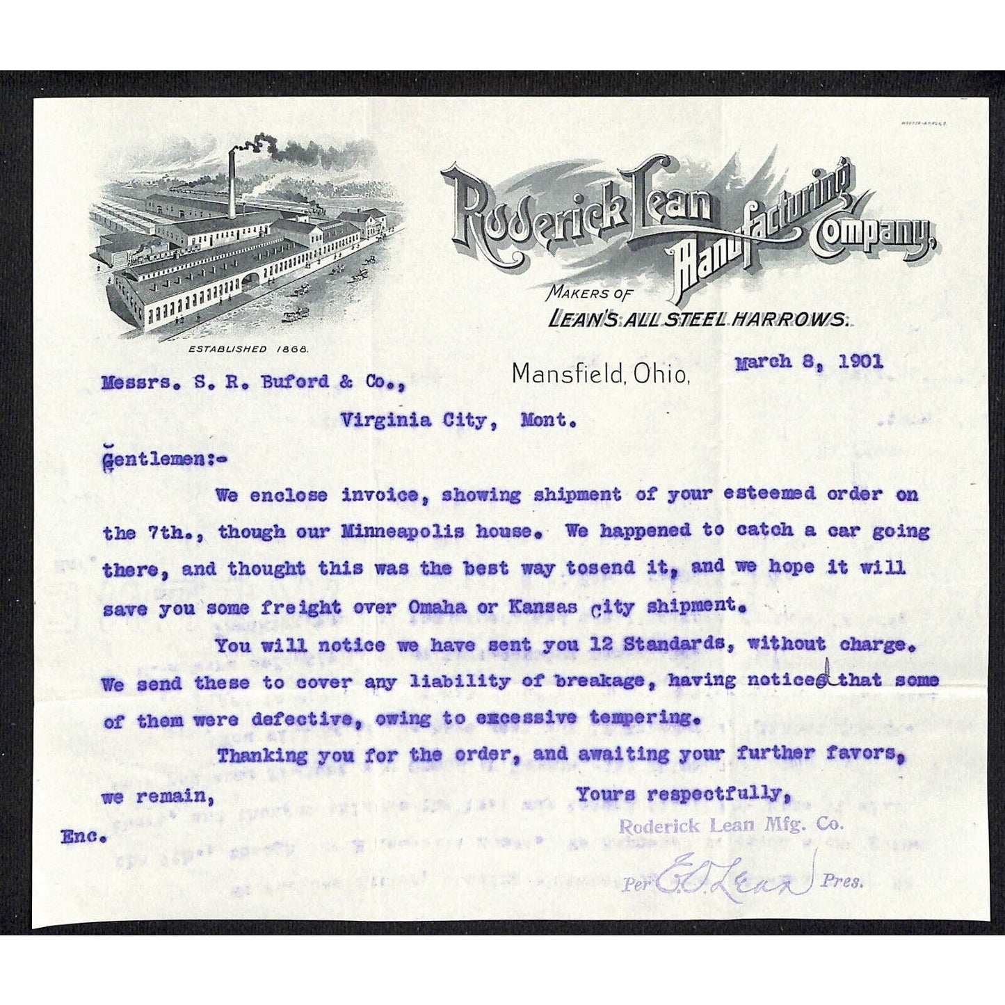 Mansfield, OH Roderick Lean Manufacturing Co. Harrows 1901 Billhead Buford*