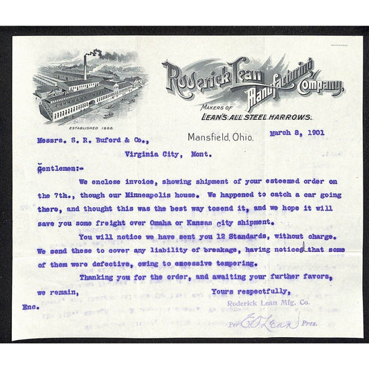 Mansfield, OH Roderick Lean Manufacturing Co. Harrows 1901 Billhead Buford*