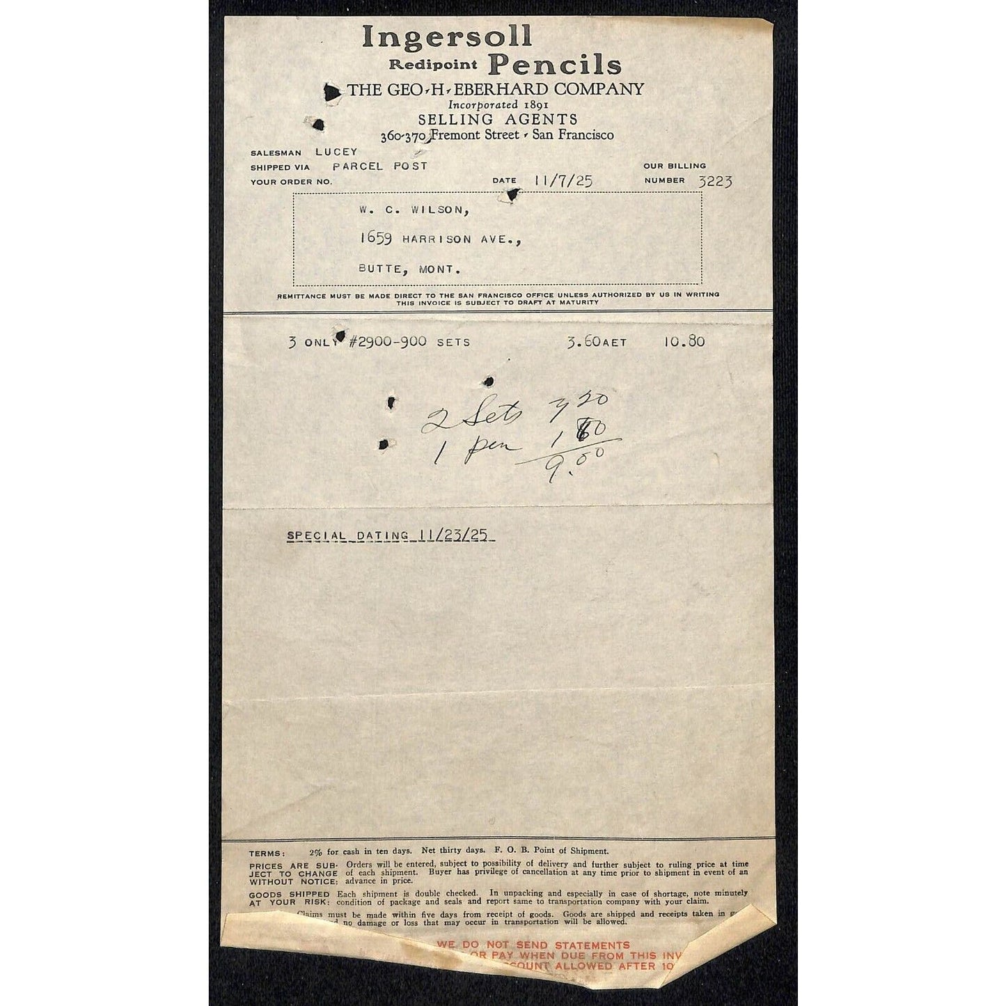 Ingersoll Pencils Eberhard Butte Montana 1925 Billhead Letterhead - Wilson Drug
