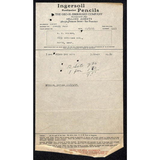 Ingersoll Pencils Eberhard Butte Montana 1925 Billhead Letterhead - Wilson Drug