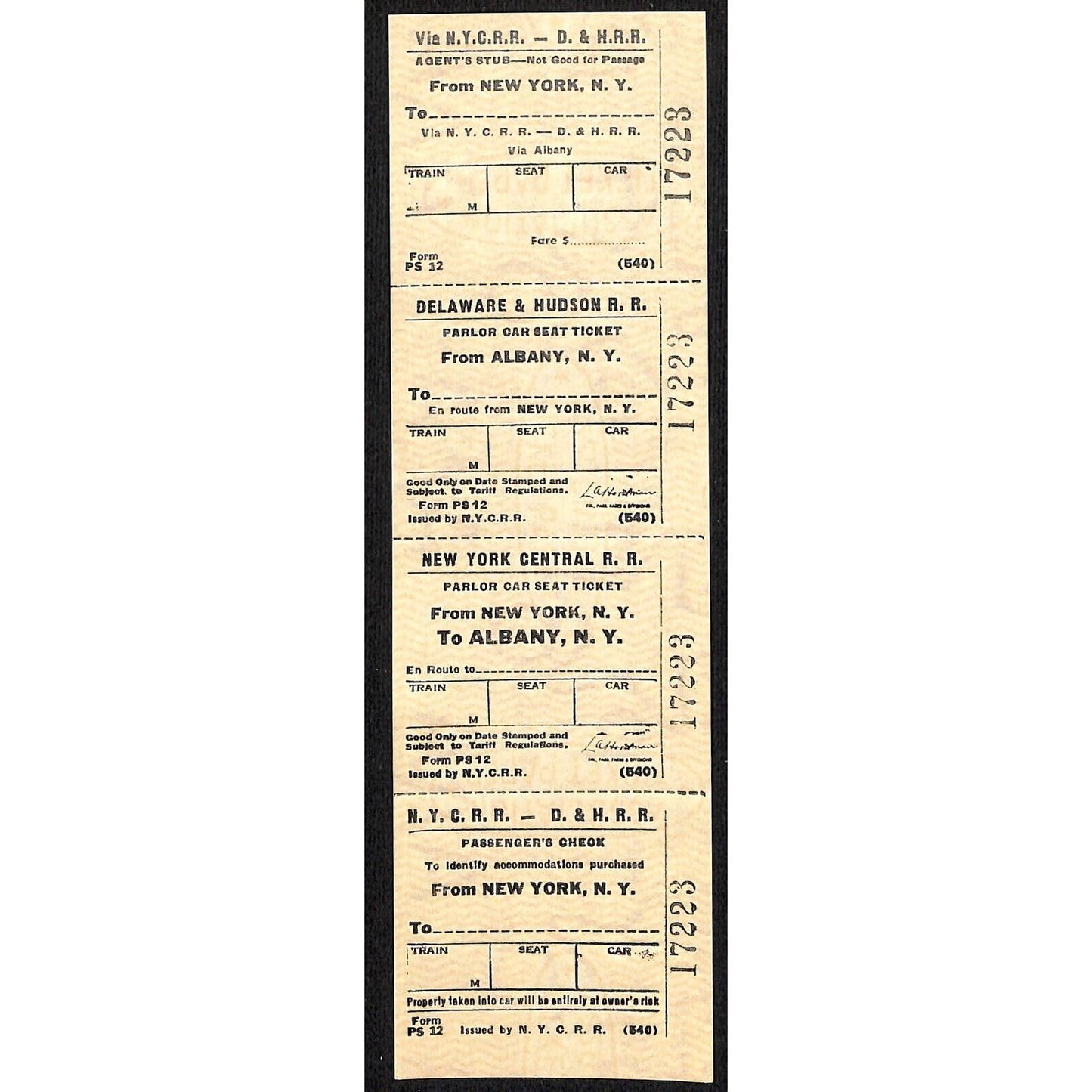 N.Y.C.R.R. - D. & H. R. R. New York / Albany SAMPLE Ticket c1960's Scarce #17223