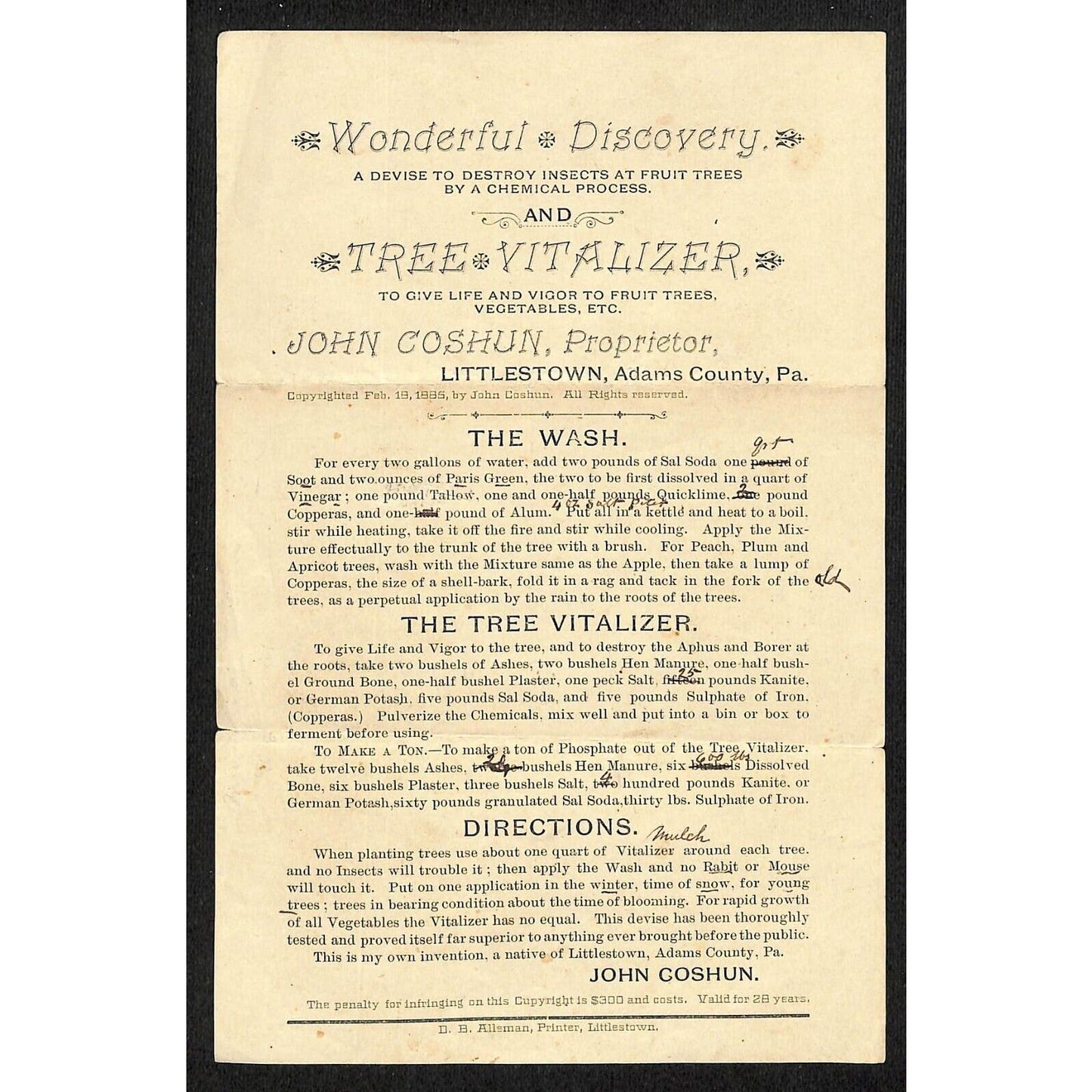 Littlestown, PA Tree Vitalizer Wash Advertising Sheet 1885 - Very Scarce