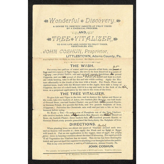 Littlestown, PA Tree Vitalizer Wash Advertising Sheet 1885 - Very Scarce