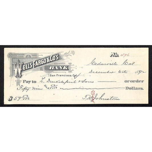 Wells Fargo & Co. Bank 1892 Check L. Dinkelspiel & Sons (Furniture) #496 $59.52