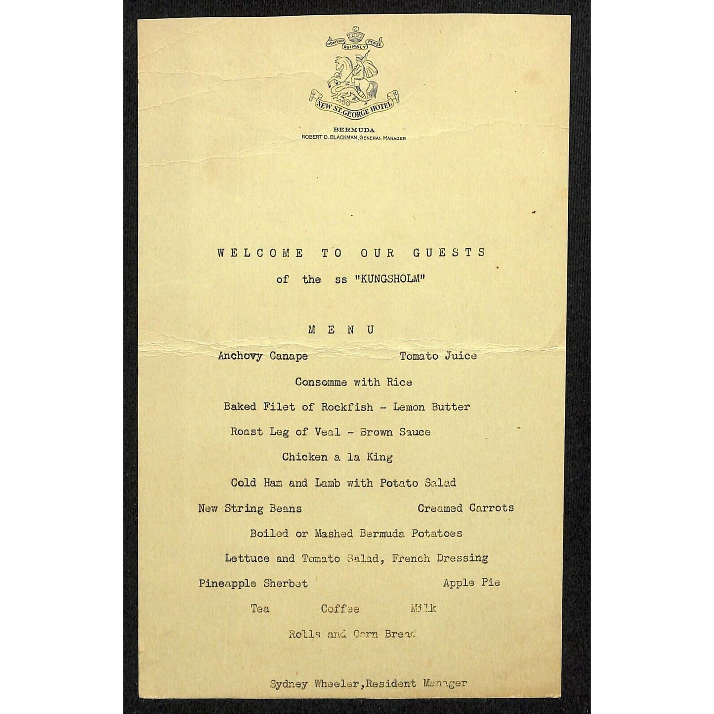 1936 Swedish American Kungsholm Bermuda Cruise Line Supplemental? Menu Card