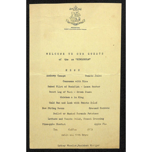 1936 Swedish American Kungsholm Bermuda Cruise Line Supplemental? Menu Card