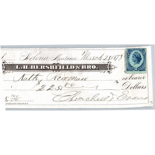 Helena Montana L.H. Hershfield & Bros. Bank Check 1878 w/ Revenue Stamp