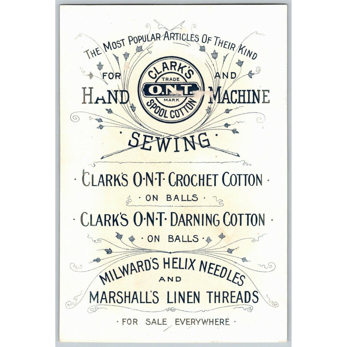 Large 1893 Chicago Fair Trade Card O.N.T. Clark's Spool Cotton Needles Threads