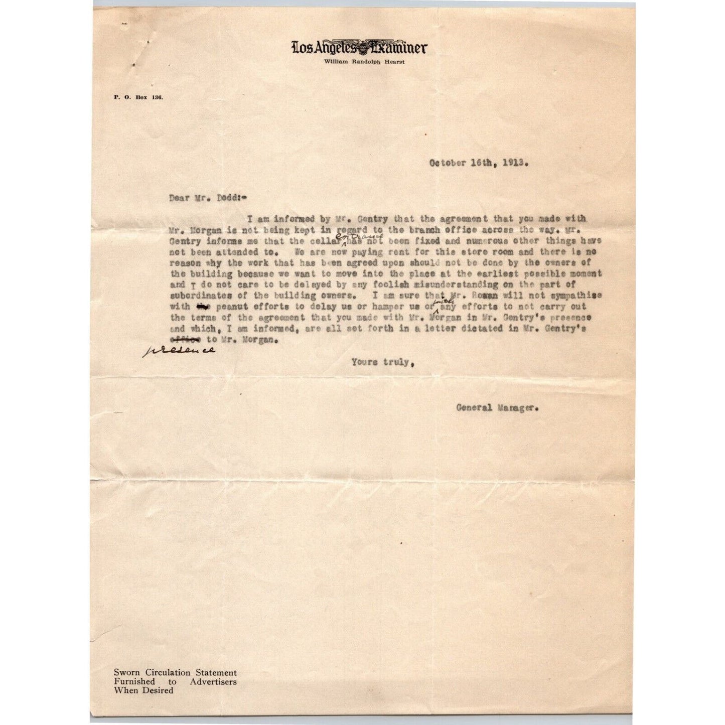 Los Angeles Examiner / Hearst 1913 Letterhead re: "Peanut Efforts To Delay..."