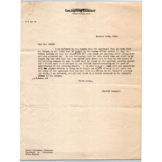 Los Angeles Examiner / Hearst 1913 Letterhead re: "Peanut Efforts To Delay..."
