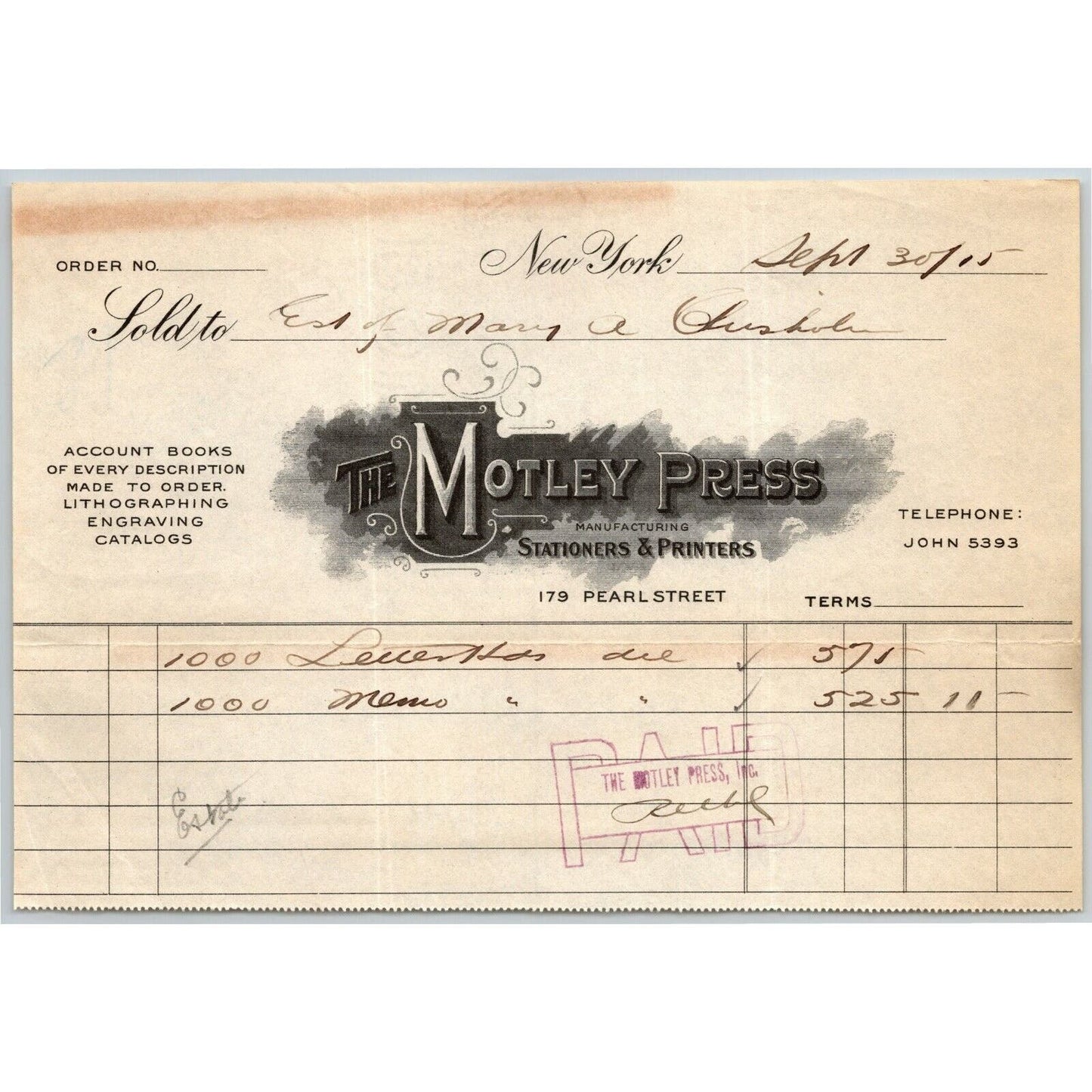 1915 "The Motley Press, Stationers & Printers" Billhead Letterhead Pearl St. NYC