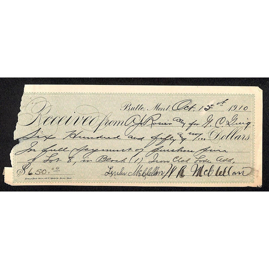 Butte Montana 1910 $650 Payment Receipt Lot 8 Block 1 "Iron Clad Lode Add"