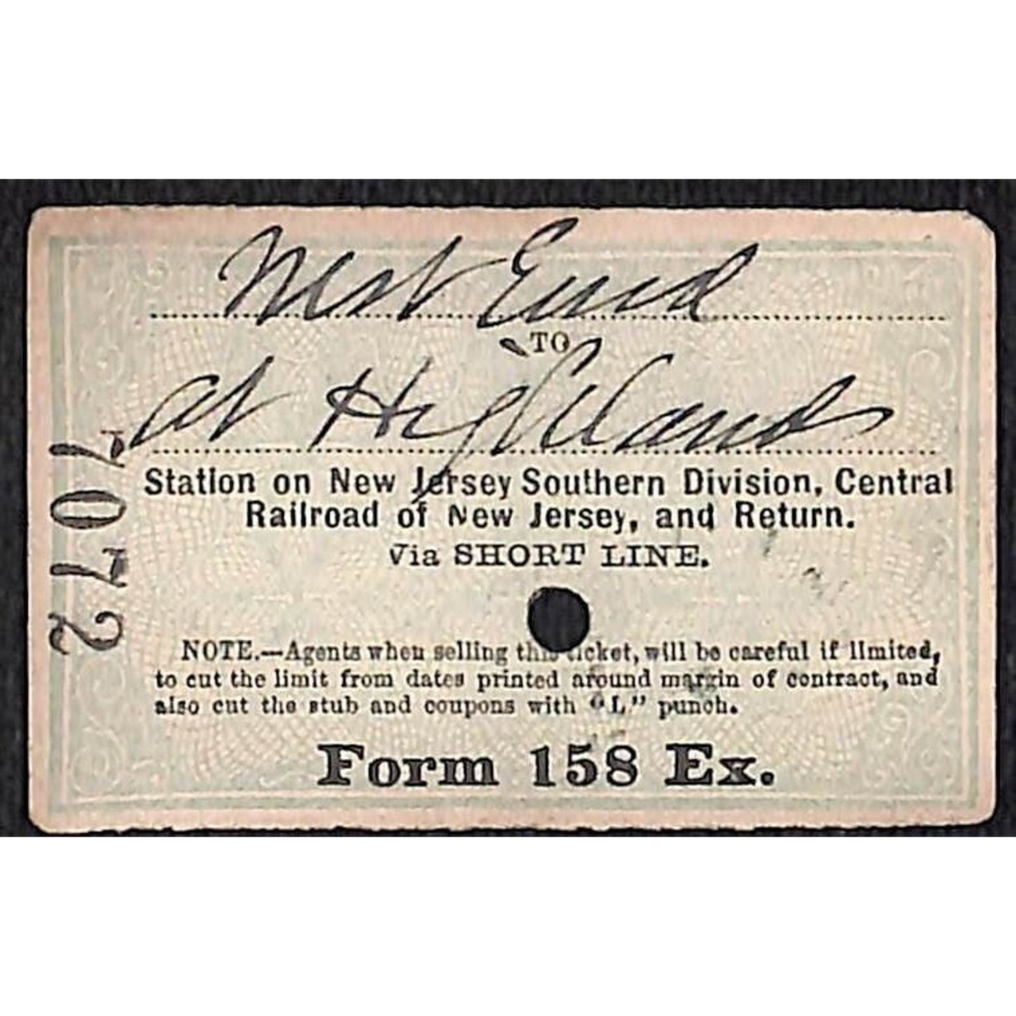 New York & Long Branch Railroad 1896 Write-In Ticket North Asbury Park #7072