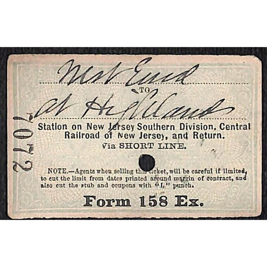 New York & Long Branch Railroad 1896 Write-In Ticket North Asbury Park #7072
