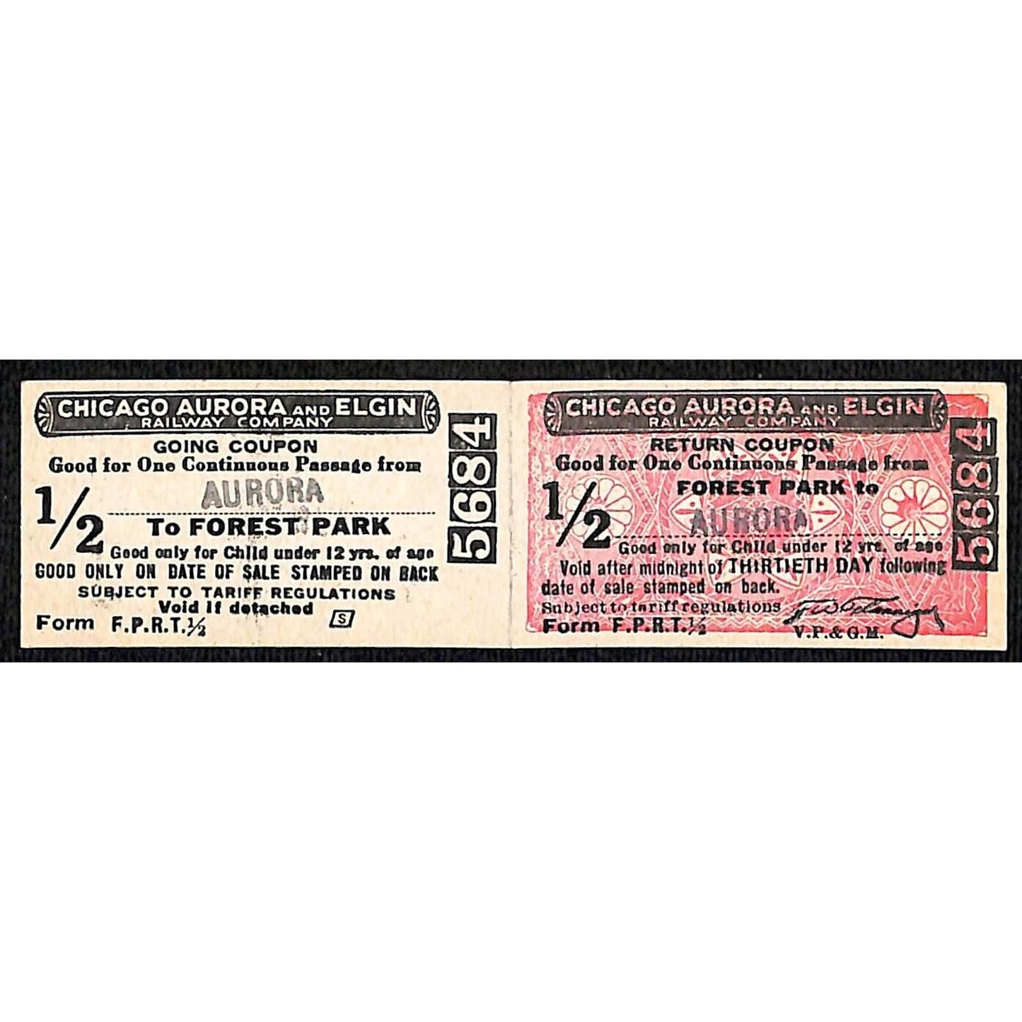 Chicago Aurora and Elgin 1902-57 2-way Attached Tickets Forest Park Aurora