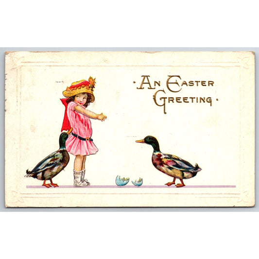 Easter Postcard - Guilty Looking Girl w/ Broken Egg Shell Ducks Gil EMB c1920