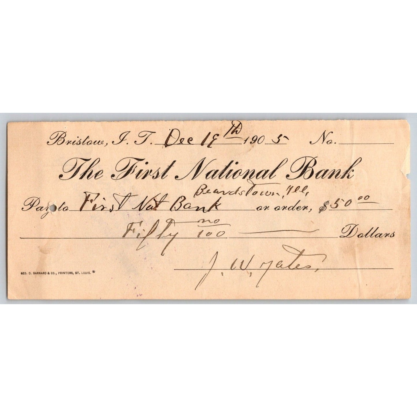 Bristow, OK 1905 Indian Territory FNB Bank Check - Scarce
