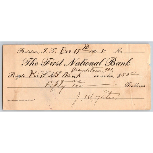 Bristow, OK 1905 Indian Territory FNB Bank Check - Scarce