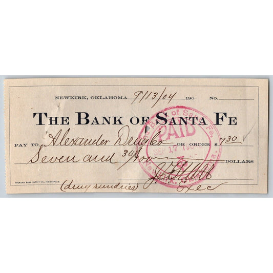 Newkirk, Oklahoma Territory "Bank of Santa Fe" 1904 Bank Check