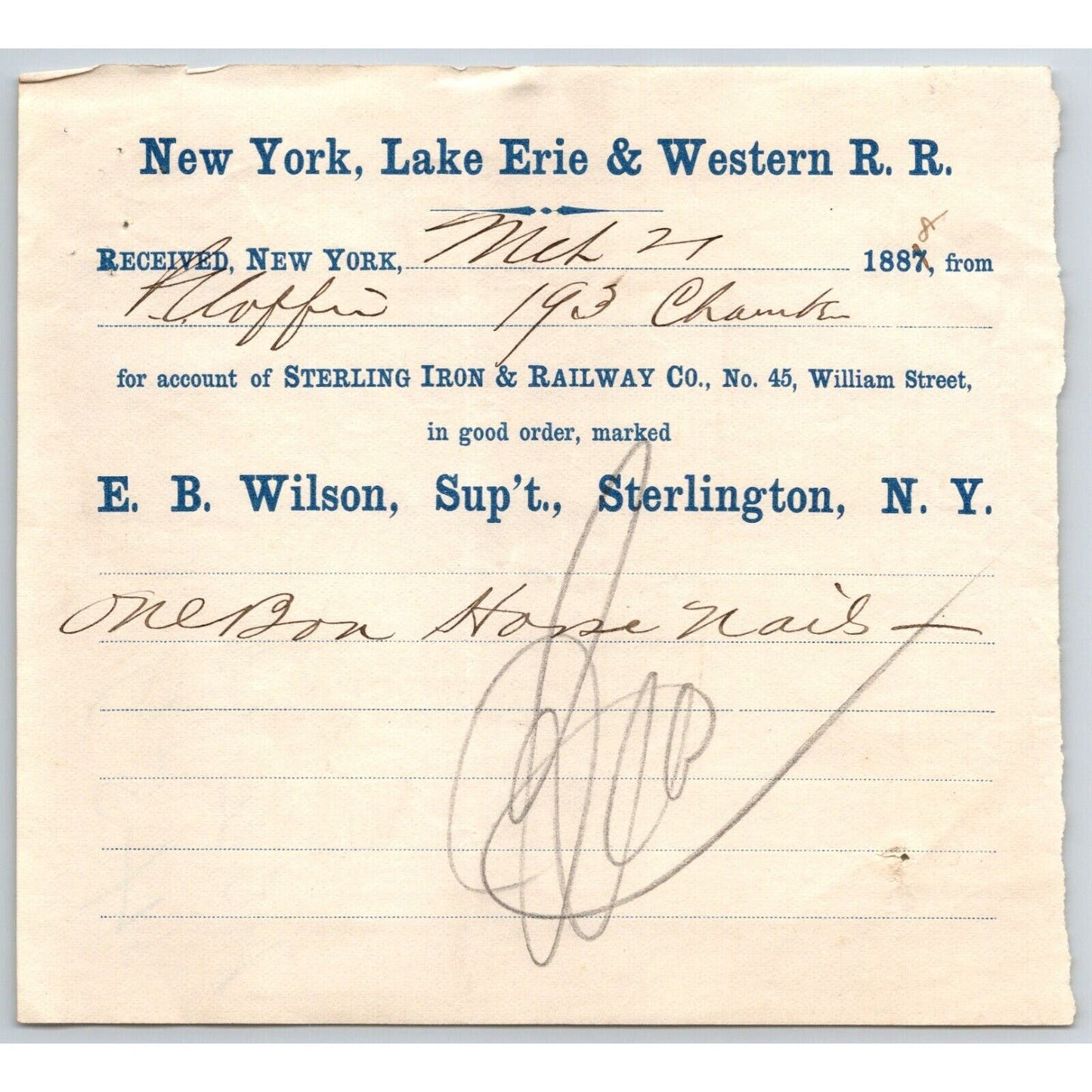 New York, Lake Erie & Western R.R. 1888 Railroad Freight Billhead "Horse Nails"