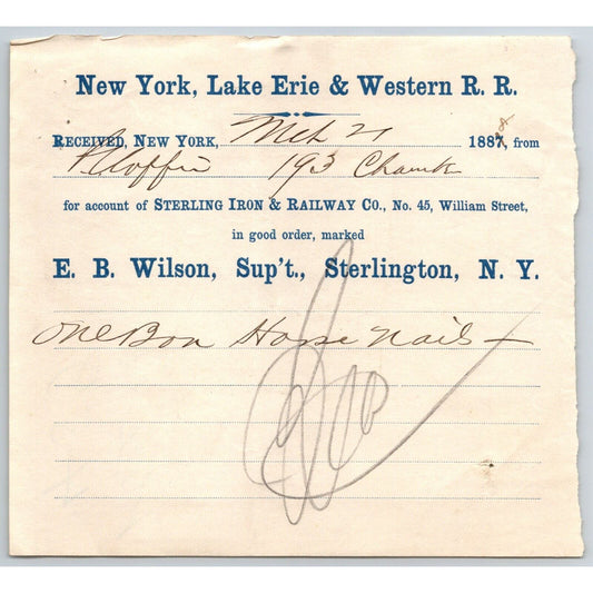 New York, Lake Erie & Western R.R. 1888 Railroad Freight Billhead "Horse Nails"