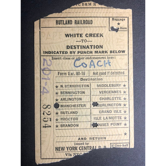 1953 Rutland Railroad / NY Central RR "White Creek to" Check / Ticket #8254