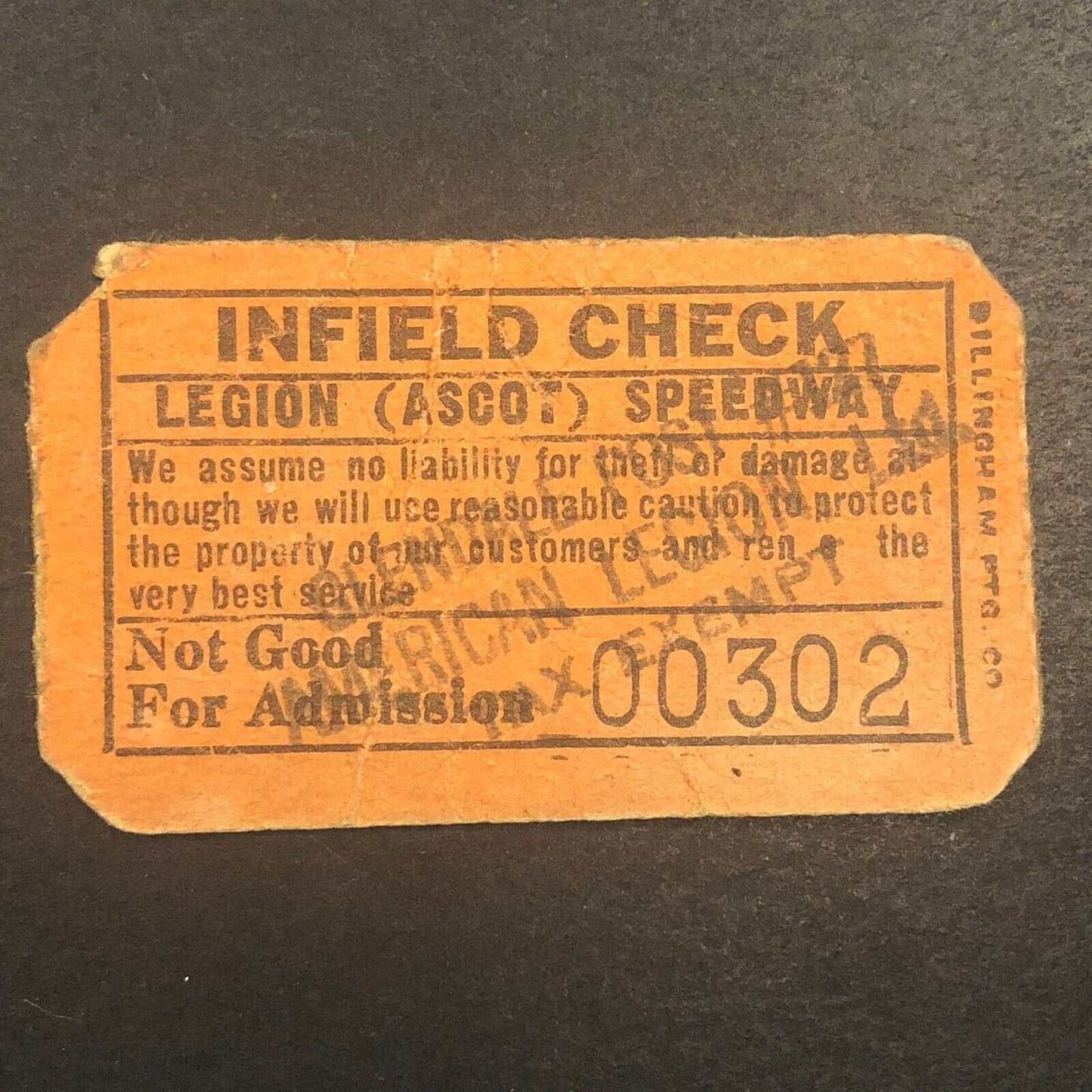 Auto Racing Ticket Legion Ascot Speedway (1924-1936) Infield Check Ticket 00302