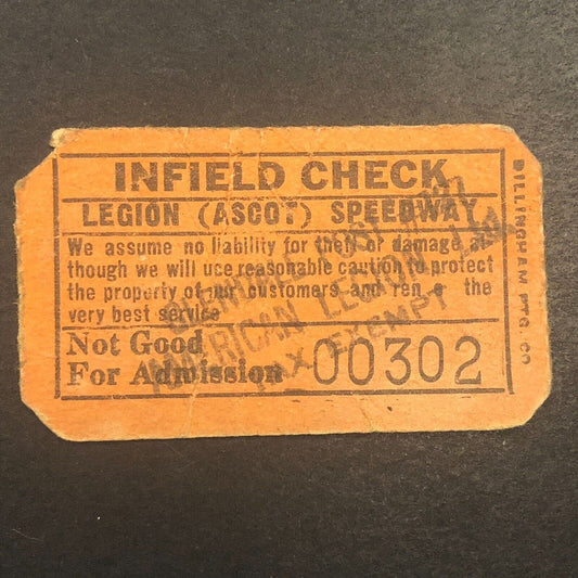 Auto Racing Ticket Legion Ascot Speedway (1924-1936) Infield Check Ticket 00302