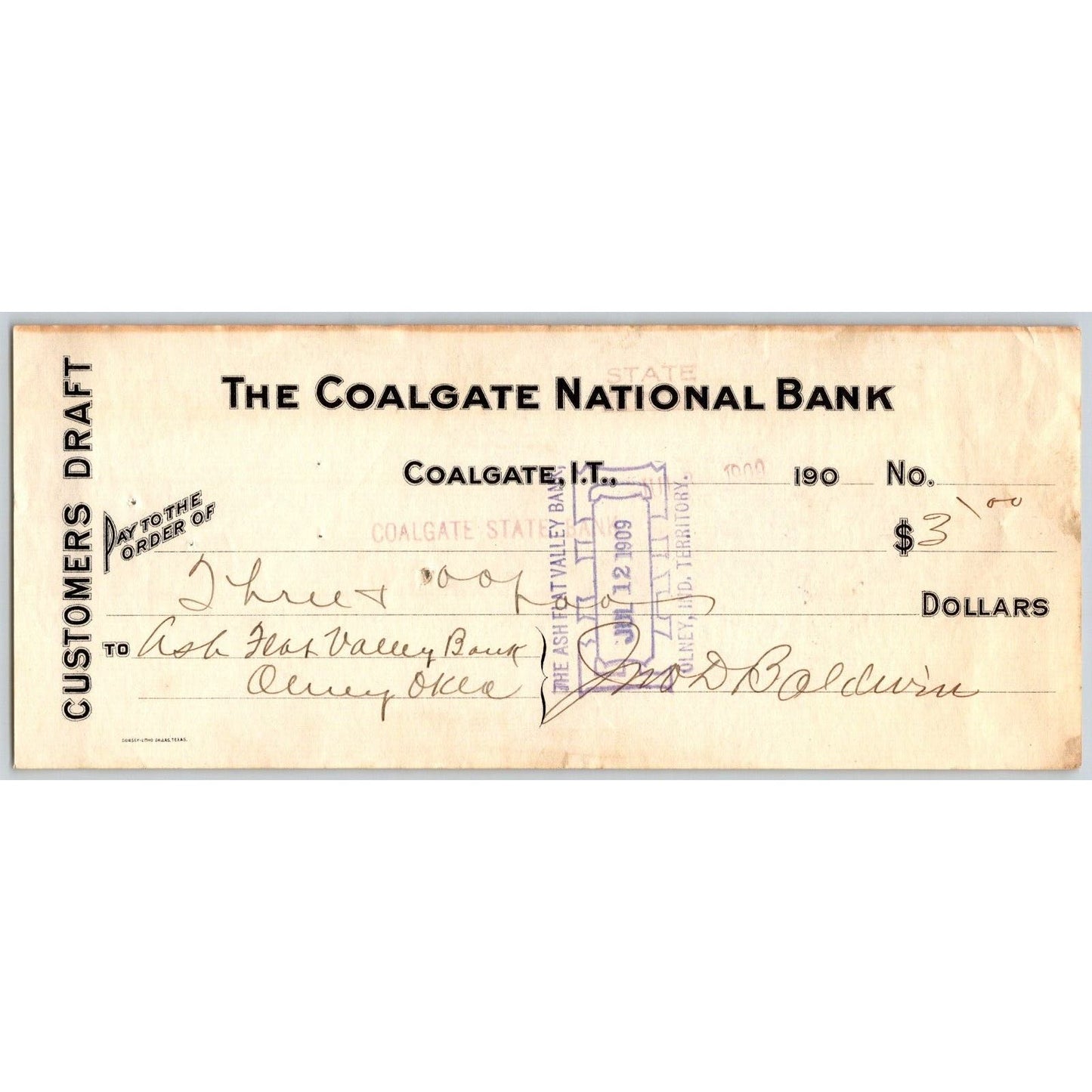 Coalgate, OK 1909 Indian Territory* National Bank Check - Scarce