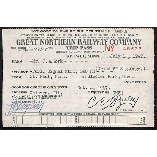 1947 Great Northwestern Railway Trip Pass St. Paul to Glacier Park