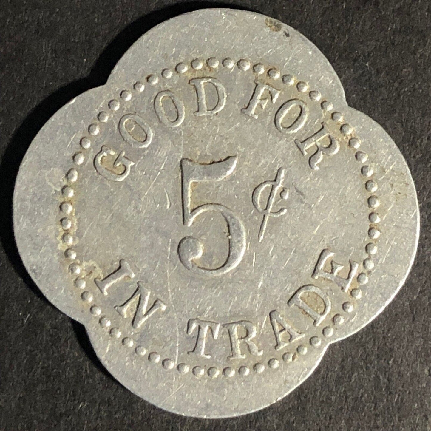 Huesman's Cafe (Covington, KY) G/F 5c Trade Scalloped Alum. Token 26.8mm Scarce